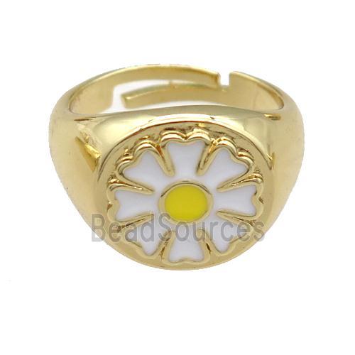 copper Rings with enamel daisy, adjustable, gold plated