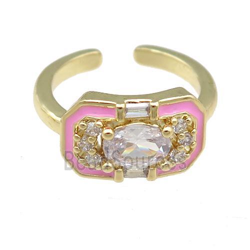 copper Rings pave zircon with pink enamel, gold plated, adjustable