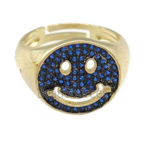 copper Emoji Rings pave blue zircon, smileface, gold plated, adjustable