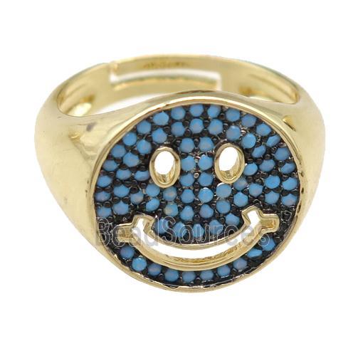 copper Emoji Rings pave turq zircon, smileface, gold plated, adjustable