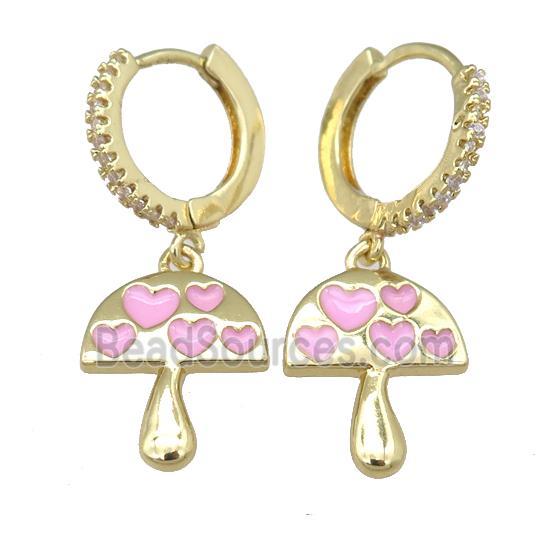 copper hoop Earring with pink enamel mushroom, gold plated