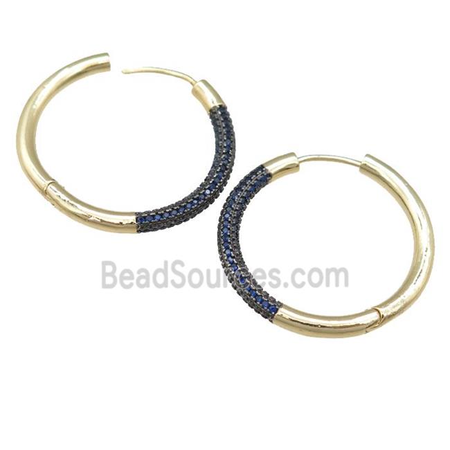 copper Hoop Earrings pave blue zircon, gold plated