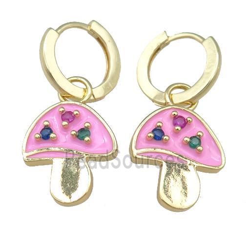 copper Hoop Earring with pink Enamel Mushroom, gold plated