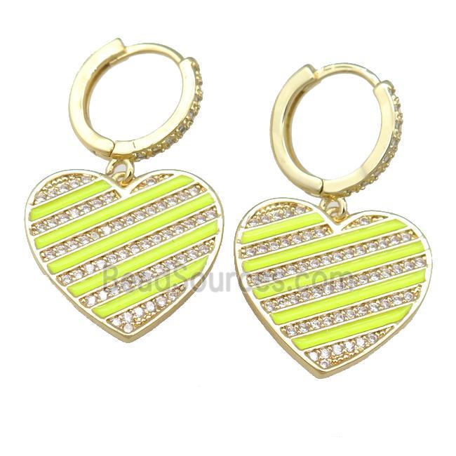 copper Hoop Earring with yellow Enamel Heart, gold plated