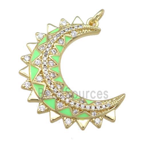 copper Crescent pendant pave zircon with green enamel, gold plated