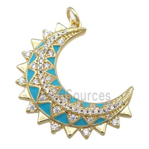 copper Crescent pendant pave zircon with blue enamel, gold plated