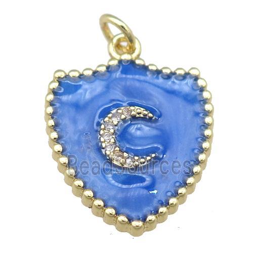 copper shield pendant with moon, blue enamel, gold plated