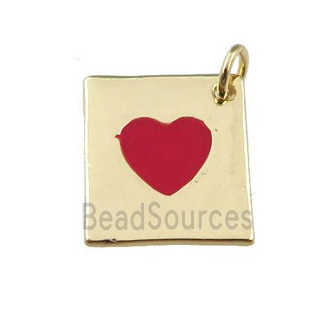 copper rectangle pendant with red enamel heart, gold plated