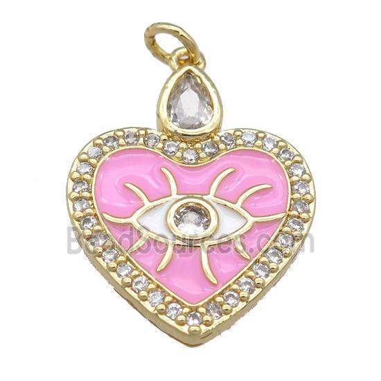 copper heart pendant with pink enamel, eye, gold plated