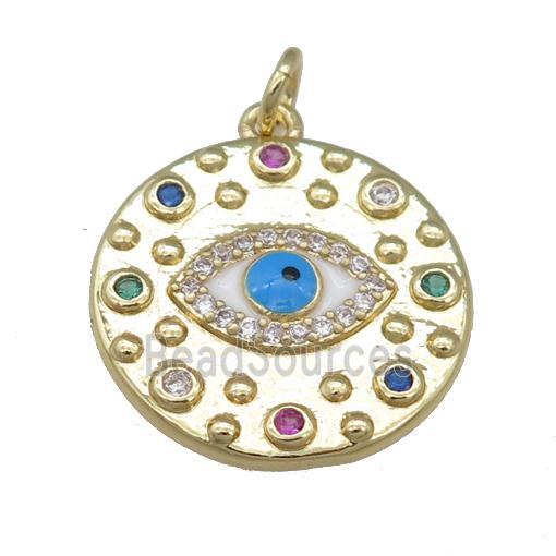 copper circle pendant with enamel evil eye, gold plated