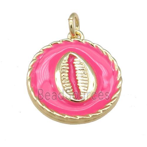 copper circle pendant with hotpink enamel, mouth, gold plated