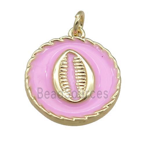 copper circle pendant with pink enamel, mouth, gold plated