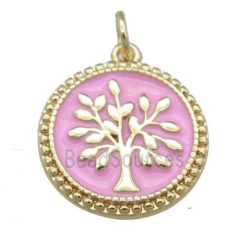 copper circle pendant with pink enamel, tree, gold plated