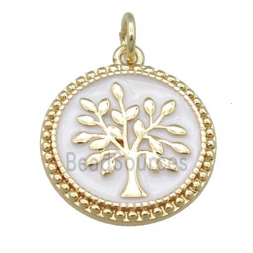 copper circle pendant with white enamel, tree, gold plated