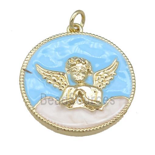 copper circle pendant with blue enamel, cherub, gold plated