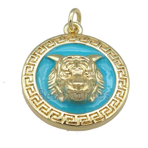 copper Tiger pendant with teal enamel, gold plated