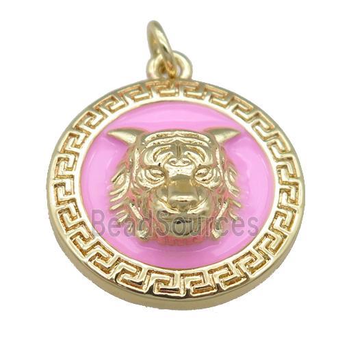 copper Tiger pendant with pink enamel, gold plated