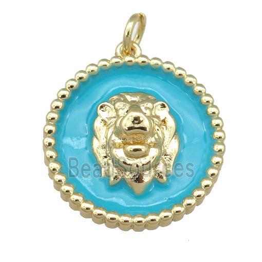 Copper Lion Pendant Teal Enamel Gold Plated