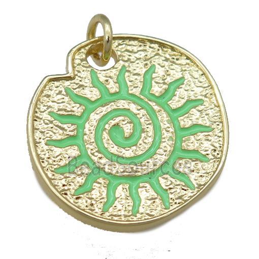 green Enamel Rebirth Symbols, copper pendant, gold plated