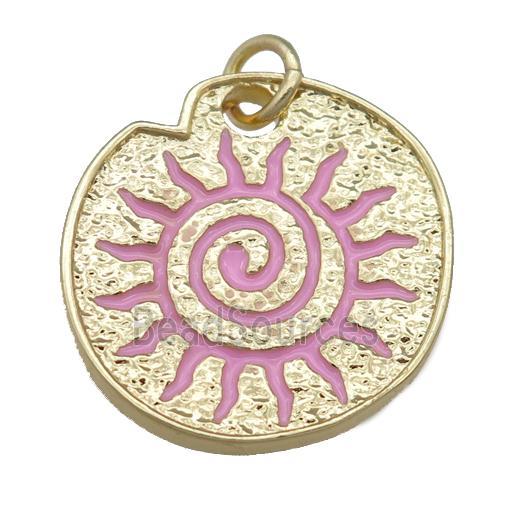 pink Enamel Rebirth Symbols, copper pendant, gold plated