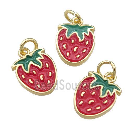 copper strawberry pendant with red enamel, gold plated