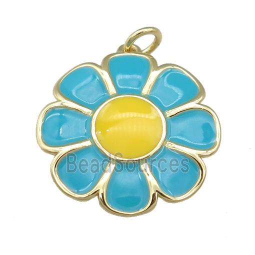 copper Sunflower pendant with blue enamel, gold plated