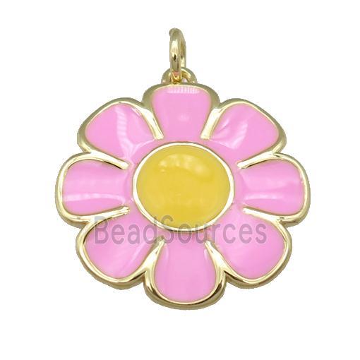 copper Sunflower pendant with pink enamel, gold plated