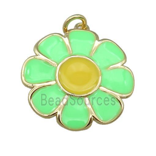 copper Sunflower pendant with green enamel, gold plated