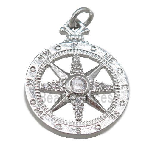 copper Compass pendant pave zircon, platinum plated