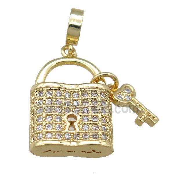 copper Lock Key pendant pave zircon, gold plated