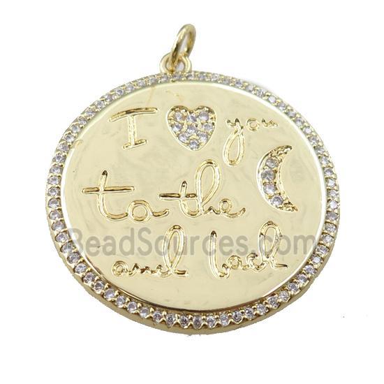 copper circle pendant pave zircon, gold plated