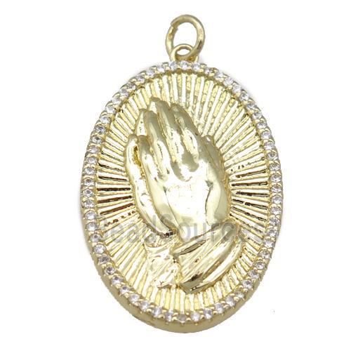 copper oval pendant pave zircon, praying, gold plated