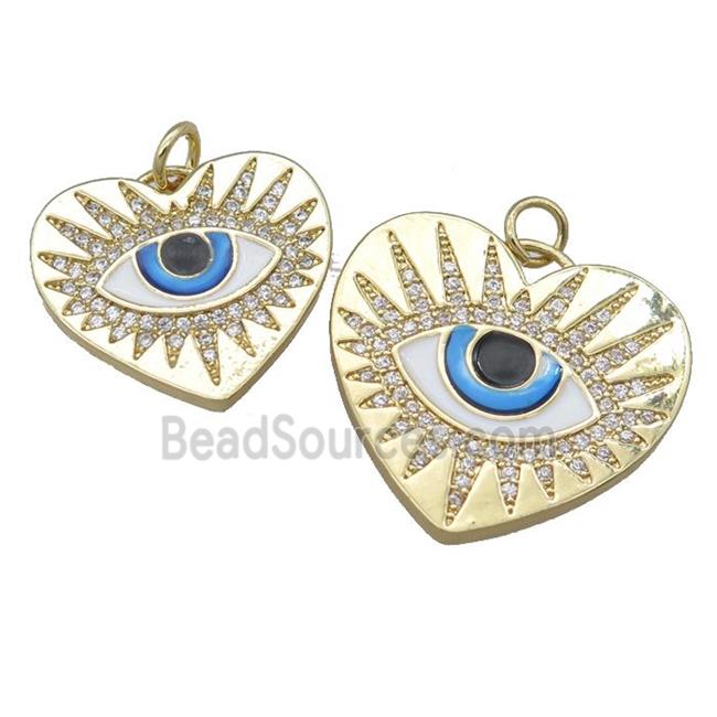 copper heart pendant pave zircon with evil eye, enamel, gold plated