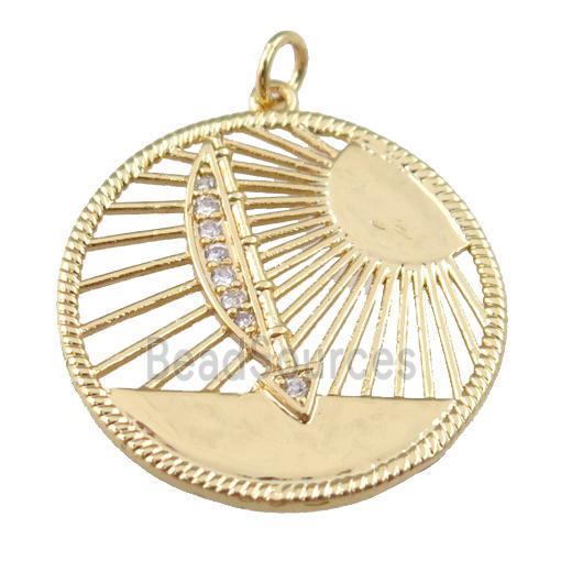 copper circle sun pendant paved zircon, boat, gold plated