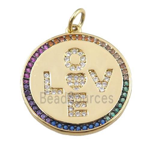 copper circle pendant pave zircon, LOVE, gold plated