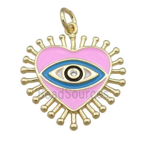 copper heart pendant with pink enamel, eye, gold plated