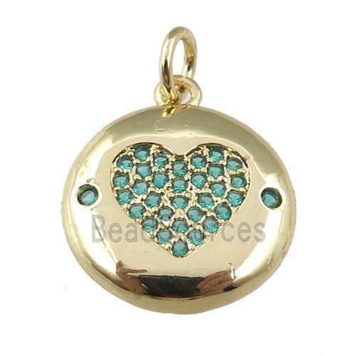 copper circle pendant pave zircon, green heart, gold plated