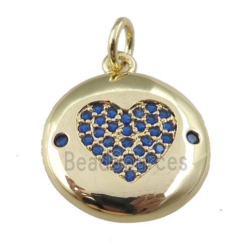 copper circle pendant pave zircon, blue heart, gold plated