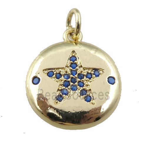 copper circle pendant pave zircon, blue star, gold plated