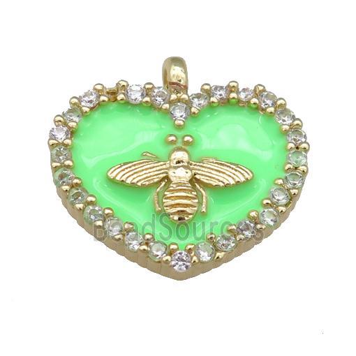 green Enamel Heart copper pendant pave zircon, honeybee, gold plated