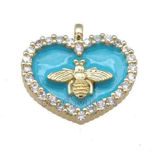 teal Enamel Heart copper pendant pave zircon, honeybee, gold plated