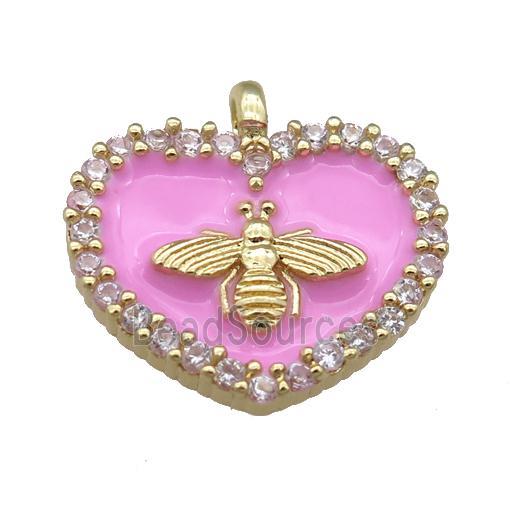 pink Enamel Heart copper pendant pave zircon, honeybee, gold plated