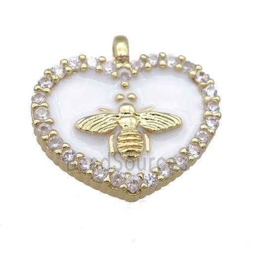 white Enamel Heart copper pendant pave zircon, honeybee, gold plated