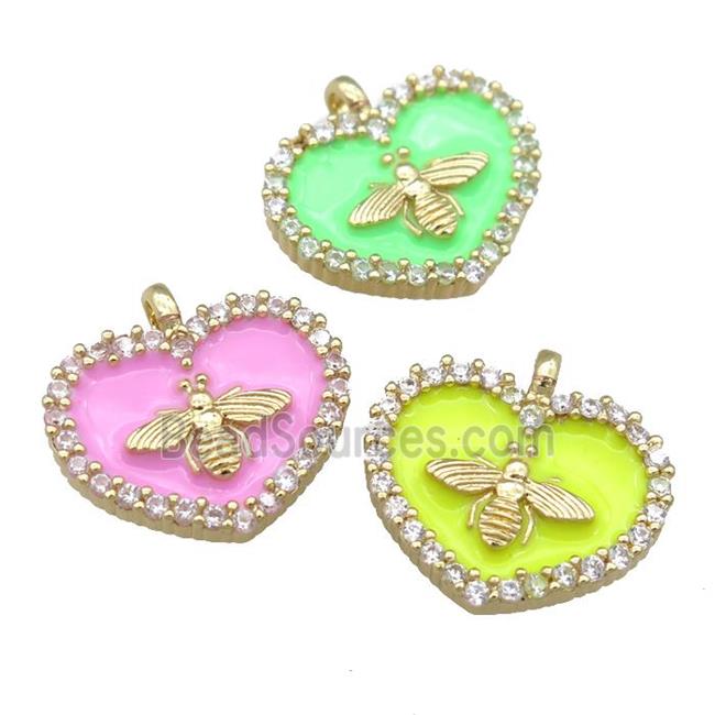 Enamel Heart charm copper pendant pave zircon, honeybee, gold plated, mixed