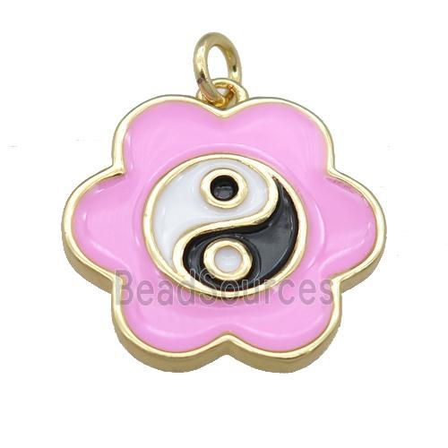 copper pink Enamel Taichi pendant, flower, gold plated