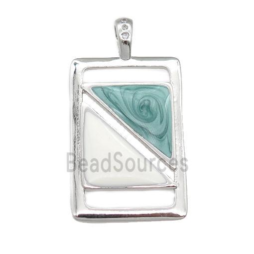 copper rectangle pendant with enamel pearlized resin, platinum plated