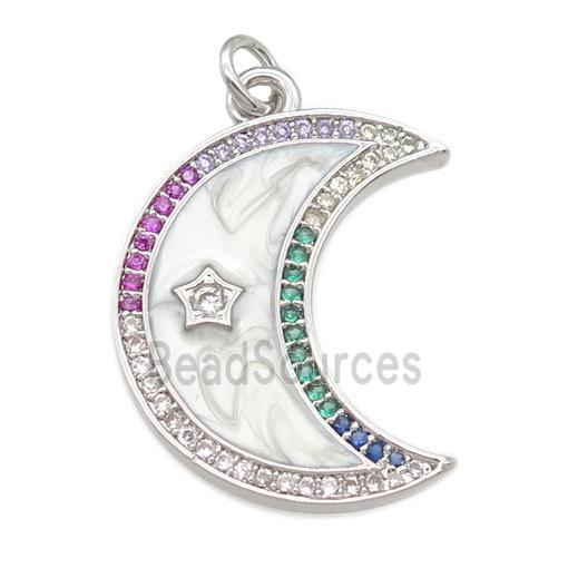 copper moon pendant pave zircon with enamel pearlized resin, platinum plated