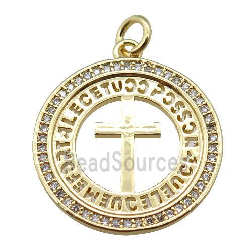 copper circle pendant pave zircon, cross, gold plated