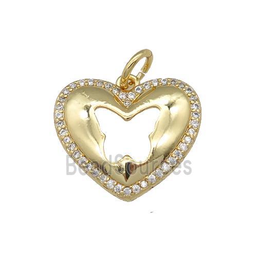 copper heart pendant pave zircon, butterfly, gold plated