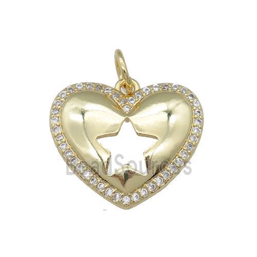 copper heart pendant pave zircon, star, gold plated